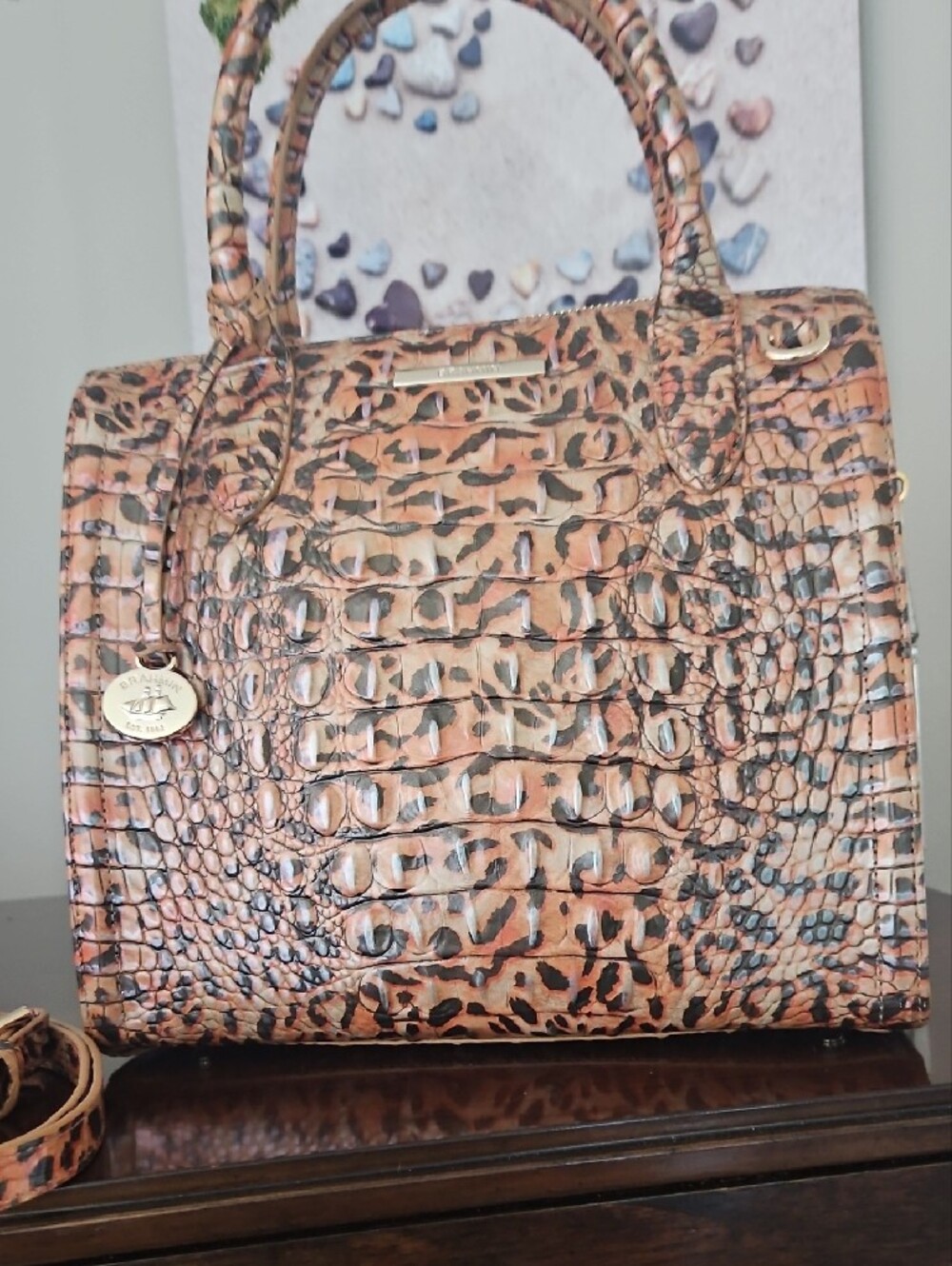 Brahmin Leopard Small Caroline Croc-Embossed Satchel in Tan and Black - Picture 3 of 10